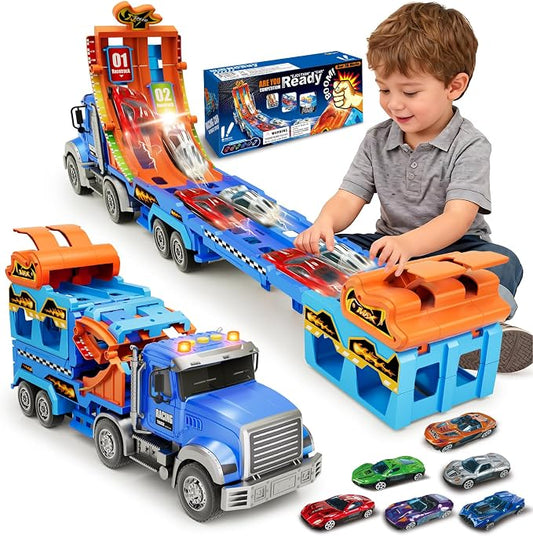 Truck Car Toys for 3, 4, 5, 6, 7, 8 Years Old Kids, Carrier Truck Race Track Toys, Foldable Transport Car Toys with Foldable Race Tracks and 6 Metal Cars, Birthday Gifts for Toddler Boys Girls (Blue)