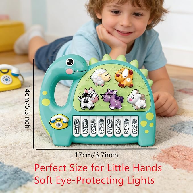 Baby Piano Drum Music Toy 6-12 Months, Dinosaur Light Up Musical Keyboard Animal Sound, Toddler 12-24 Early Learning Educational Interactive Infant Toys Girl Boy Gift 1 Year Old