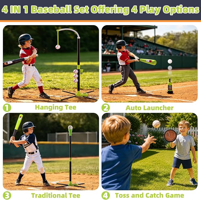 4-in-1 LED Baseball Set for Kids, Adjustable Height Hanging Tee Set with 2 Bats, Teeball Hitting Stand, Ball Launcher, Toss and Catch Ball Set, Sport Toys Outdoor/Indoor for Toddlers Boys Girls