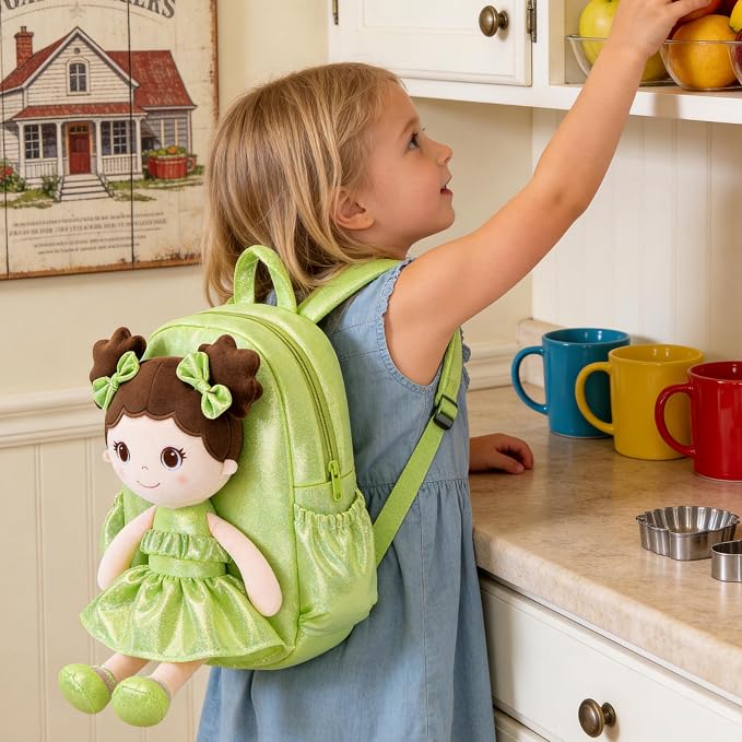Lazada Toddler Backpack - Baby Girl Gifts Curly Fingerprints Plush Doll Dress Backpack - Fashion Girls Curly Rolled Fingerprints Series - Fluorescent Green 11 Inches