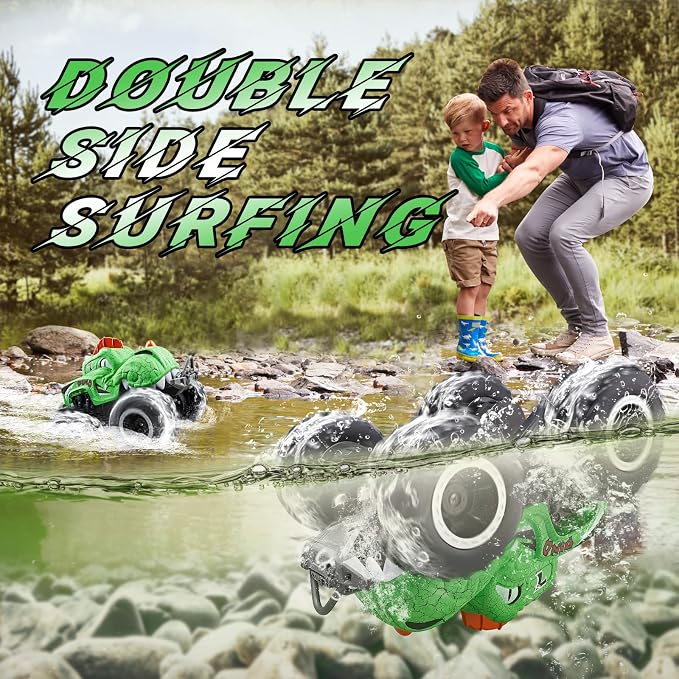 Amphibious Remote Control Car, 1:20 Waterproof Dinosaur Monster Trucks for Boys Age 4-7, 2.4GHz All Terrain RC Cars with 2 Batteries, 360° Rotating Stunt RC Car Toy Birthday Gift for Kids 3-5