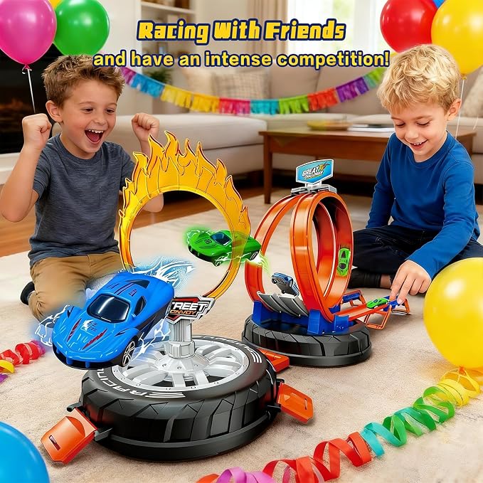 Race Car Track Set for Kids Ages 3-8，Transformable Tire Storage & Portable Handle into Race Course, Racing Toy Playset Birthday Gift for Kids Boys Girls