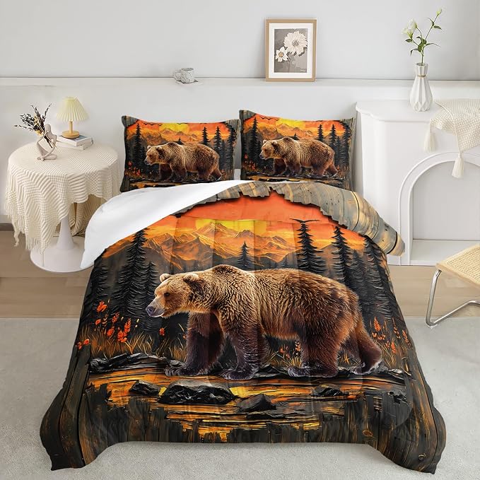 AILONEN Rustic Bear Bedding Set Queen Size,Wildlife Hunting Comforter with 2 Pillowcases,3-Piece Woodland Pine Forest Animal Duvet Set