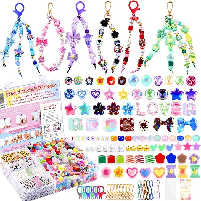 TOHONGADON 1227 PCS Beaded Keychain Making Kit for Women, DIY Bag Charm Kits, with Assorted Acrylic Star Heart Flower Letter Beads, Colorful Bead Keychain Kit