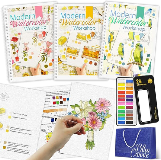 3Pcs Watercolor Workbook Paint Book Beginner Friendly Painting Kit, 36 Pages Workbooks with 24 Paint Colors & Brush for Beginners, Stress-Relieving Gift for Women Adults (Bird&Flower&Kitchen)