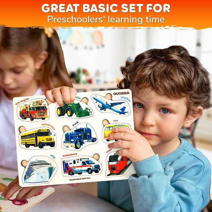 QUOKKA Wooden Puzzles for Toddlers 1-3 – 3xSET Kids Puzzles Ages 2-4 – Montessori Toy Puzzle for Toddlers 3-5 – Wood Toy Learning Realistic Fruits - Cars - Vegetables for Boy and Girl