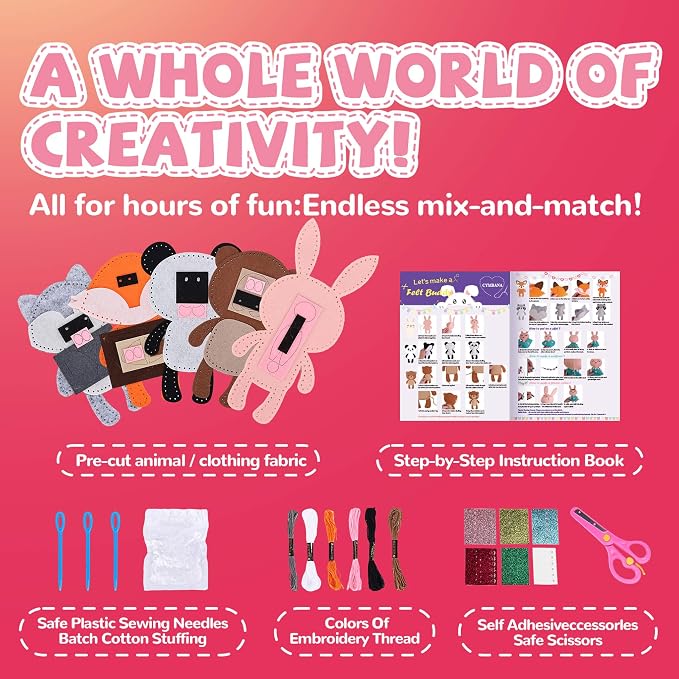 Cymbana Kid Sewing Craft Kit to Make a Friend for Beginner Felt Craft Learn to Sew, Panda Fox Bunny Raccoon Bear 5 Animals