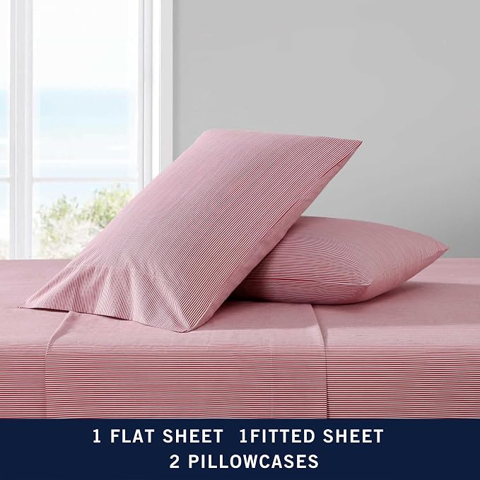 Nautica - Twin Sheet Set, Lightweight & Breathable Cotton Percale Bedding Set with Matching Sham(s), Crisp & Cool Bedding Essentials, Oeko-Tex Certified (Penny Pinstripe Red, Twin)