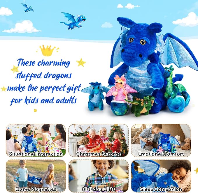 Arrowbash 7 Pcs Dragon Family Plush Toys Gift Set 15.75'' Large Mommy Dragon Stuffed Animal with 4 Baby Dragons and 2 Eggs Soft Glitter Blue Plush Get Well Gift for Birthday Christmas Holiday Playtime