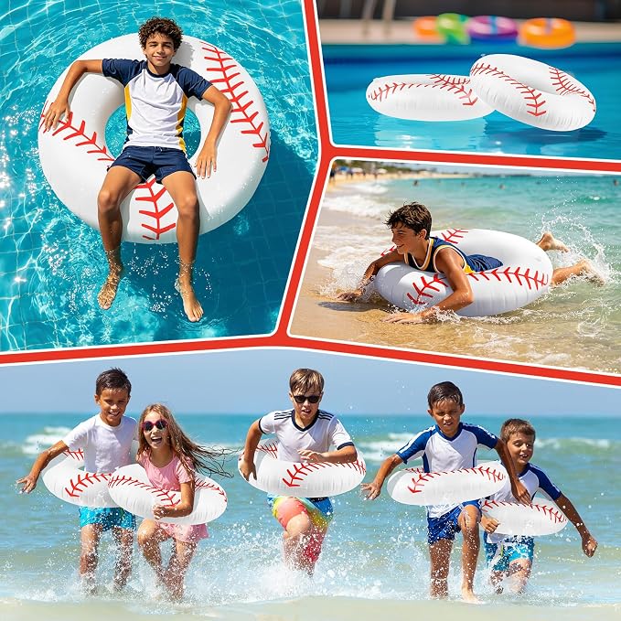 4 Pcs Baseball Stitching Pool Floats - 28 Inch Sports-Themed Kids Swim Rings (Ages 10-15), Inflatable Pool Toys for Hawaiian, Beach, Water Park