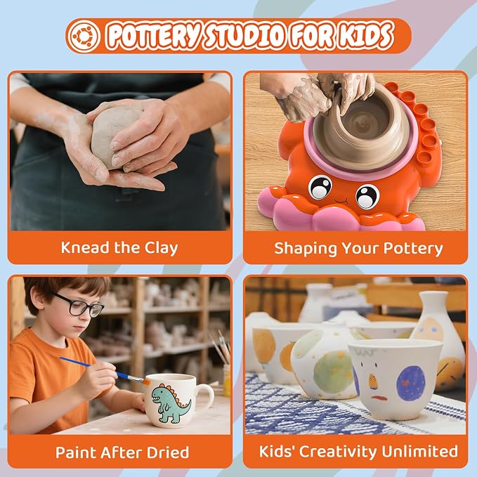 Innofans Pottery Wheel for Kids - Complete Pottery Tools Kit for Beginners, Arts and Crafts for Kids Ages 8-12 with 3 Pack Air Dry Clay, Mini Clay Making Pottery Wheel with Foot Pedal (Octopus)
