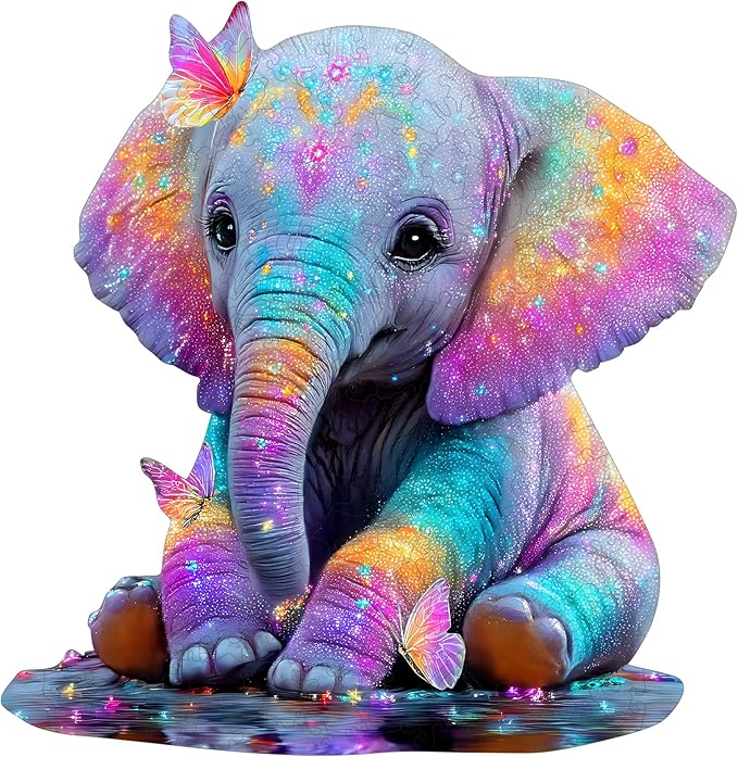 MEATRN Wooden Jigsaw Puzzle - Colorful Baby Elephant with Butterflies, 491 Pcs, 16.3x16.7 in, Animal Puzzles for Adults & Kids, Educational Brain Teaser Gift and Home Art Décor
