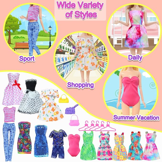 Doll Clothes 21Pcs Including 3 Fashion Dresses 5 Daily Slip Dresses 2 Casual Tops and Pants Outfits 2 Sequins Dress 1 Swimsuit 3 Bags 5 Hangers Accessories for 11.5 inch Girl Doll