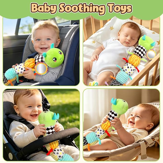 Baby Toys 0-6 6-12 Months, Caterpillar Musical Stuffed Animals Toys with Rattles Crinkle Mirror, Newborn Infant Tummy Time Toys 0-3 Months, Baby Sensory Toys for Boys Grils Shower Gifts