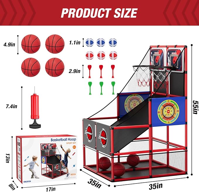 HYES 2 in 1 Dual Shot Basketball Arcade Game with 2 Dart Boards/Electronic Scoreboard/LED Light, Kids Basketball Hoop for Home Indoor Outdoor, Sport Toys for Boys Girls