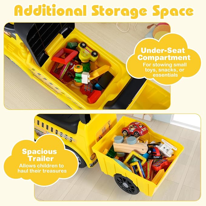 Costzon Ride on Excavator, Kids Tractor Digger Bulldozer Push Car w/Shovel, Detachable Trailer, Under-Seat Storage, DIY Stickers, Sit and Scoot Ride on Toy, Construction Car for Toddler 18+ Months