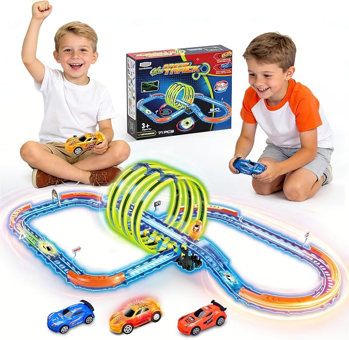 Glow Toy Car Race Track Set, 71 Pcs Glow-in-The-Dark Tracks for Kids Ages 3-8, Electric Speed Car Light-Up Whole Slot Track, Track-Building with 360° Magic 3 Loops, 1:64 Scale Vehicle, Boys Girls Gift