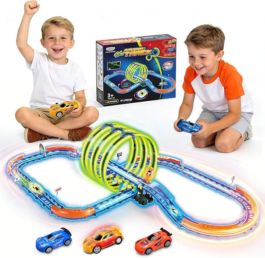 Glow Toy Car Race Track Set, 71 Pcs Glow-in-The-Dark Tracks for Kids Ages 3-8, Electric Speed Car Light-Up Whole Slot Track, Track-Building with 360° Magic 3 Loops, 1:64 Scale Vehicle, Boys Girls Gift