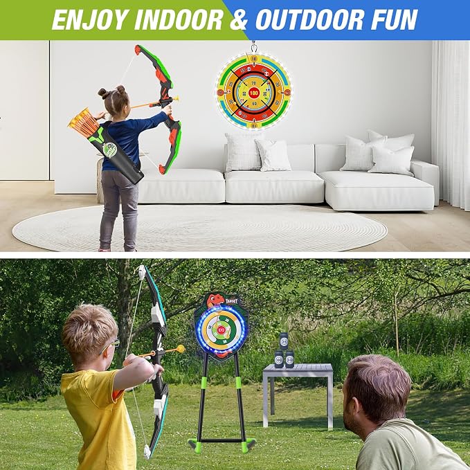 HYES 2 Pack Kids Bow and Arrow with 29" Large Dart Board, LED Light Up Archery Set with 24 Suction Cup Arrows, Indoor Outdoor Sport Toys Gifts for 3 4 5 6 7 8 9 10 11 12 Year Old Boys Girls