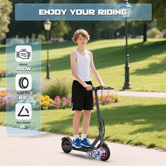 Werhy Kids Electric Scooter, 350W Motor, 19 Mph Speed & 15 Miles Range, 8.5" Solid Tires, Lightweight Foldable Scooter with Dual Braking System, Max Load 265LBS