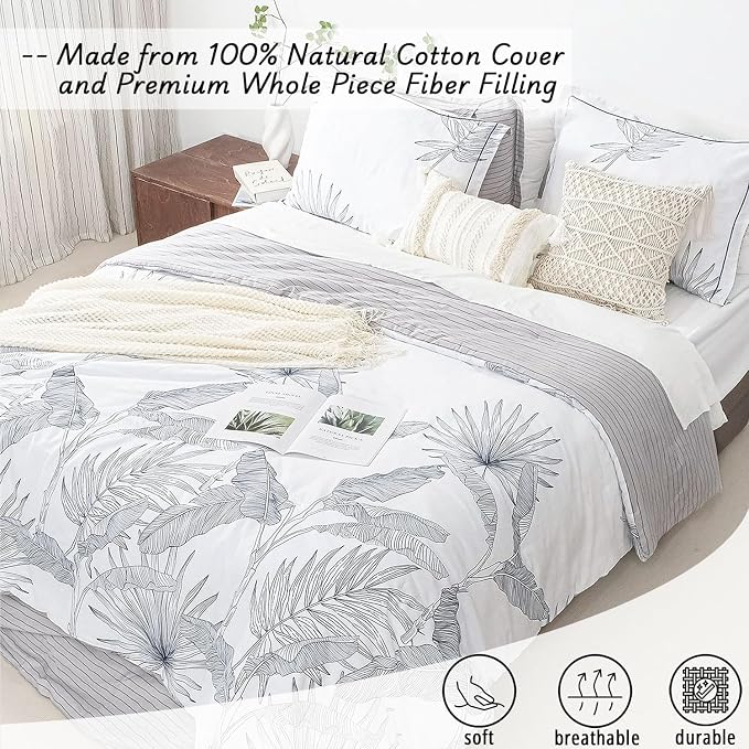LEMIROE Botanical Cotton Comforter King Size - White Comforter with Delicate Black Leaves Patterns,Grey Reversible Lightweight Bedding Sets 3Pcs(Stripes)