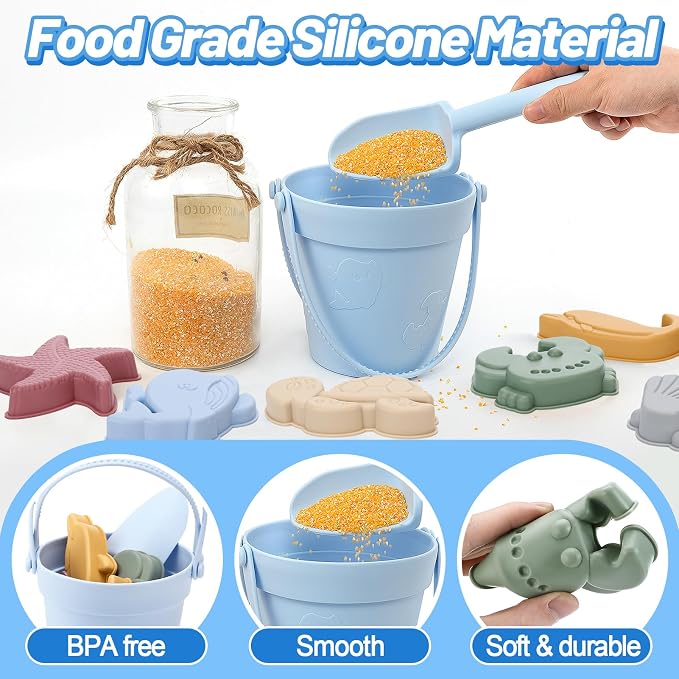 Biubee 9Pcs Silicone Sand Toys for Baby with Portable Beach Bag - Kids Beach Set with Beach Toy Molds Shovel Bucket Set - Toddler Sandbox Toys for Kids Outdoor Summer Playset