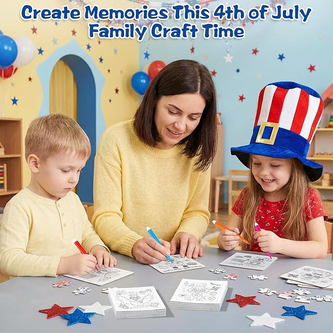 Fennoral 24 Pack 4th of July Craft Kit for Kids Color You Own Cute Animal Patriotic Jigsaw Puzzle with Base DIY Coloring Independence Day Art and Craft for Classroom Activity Party Favor,4.7inch
