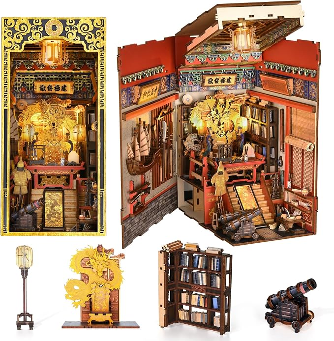 CCCDF Book Nook Kit, 3D Wooden Puzzle for Teens and Adults, DIY Miniature Dollhouse Booknook Kit Bookend Bookshelf Insert Decor with LED Light (The Emperor’s Study)
