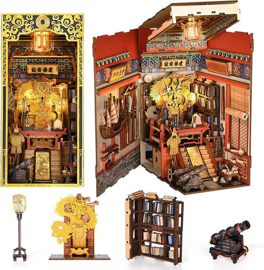 CCCDF Book Nook Kit, 3D Wooden Puzzle for Teens and Adults, DIY Miniature Dollhouse Booknook Kit Bookend Bookshelf Insert Decor with LED Light (The Emperor’s Study)