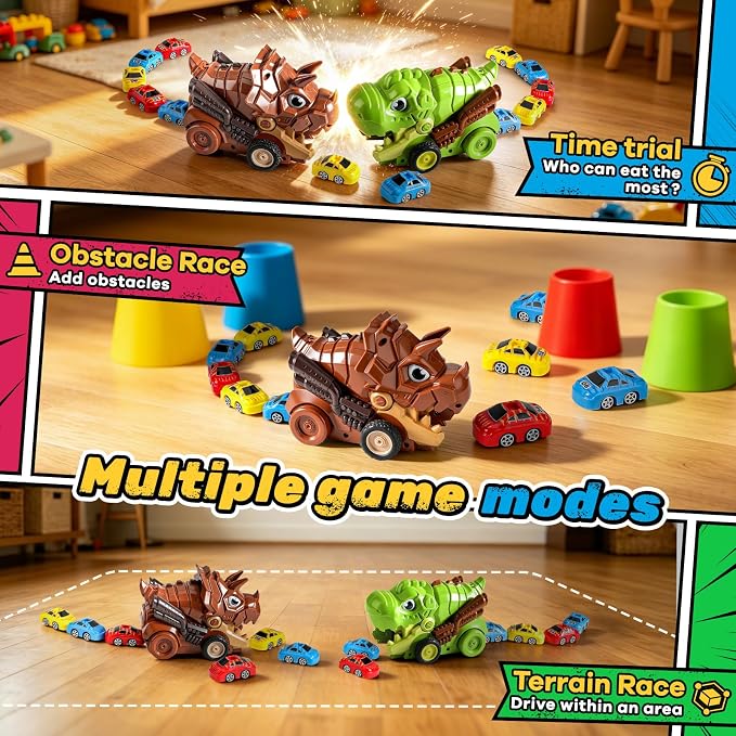 Remote Control Dinosaur Truck Toy Eat Cars for Kids 3-7 | RC Triceratops, 9 Mini Magnetic Cars, 2 Speed, 2.4G Rechargeable, Birthday Holiday Gift for Dino & RC Cars Lover