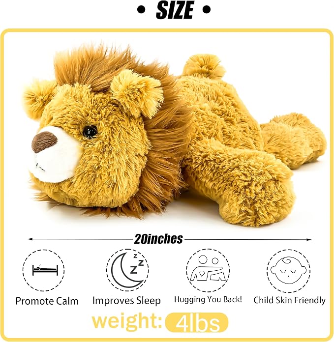 YOUBLEK 20" | 4 Pounds Weighted Stuffed Animals,Sensory Comfort Plush Throw Pillow Toy, Soft for Home & School, Kawaii Plushies Hugging Toy Gifts for Kids & Adults (Lion, 20 inch 4 Pounds)
