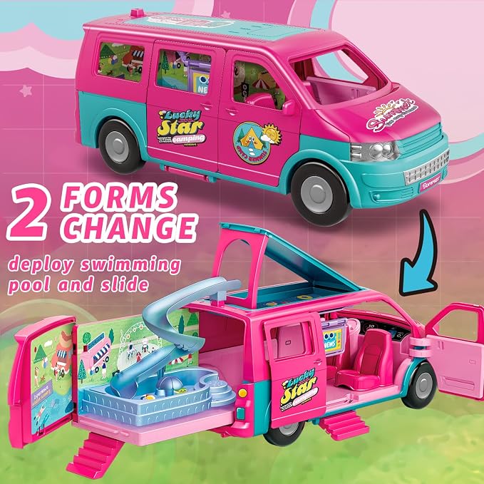 Dollhouse Camping RV Playset for Girls - Kids Camper Van Toy with Slide, Pool, Tent, BBQ Grill & Doll Accessories - Pretend Play Outdoor Adventure Toy Birthday Gift for 3 4 5 6 7 8 Year Old