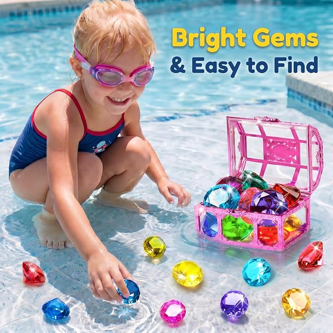 Diving Gems Pool Toys with Purple Treasure Chest Toy for Girls Age 3-10 | Large shatterproof acrylic diving gems. Fade-resistant, specially weighted to sink, building kids' water confidence