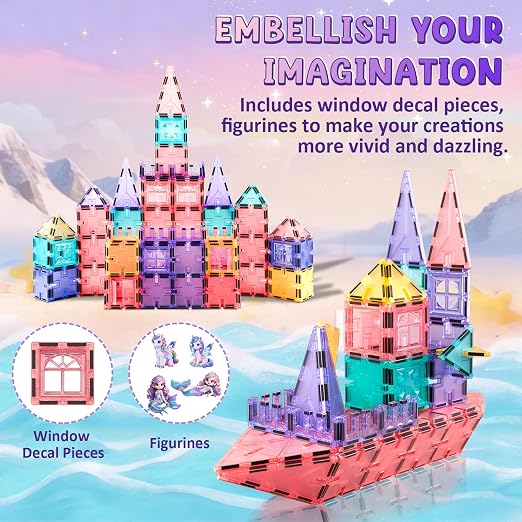 Magnetic Tiles, 80PCS Interlocking Building Blocks, Unicorn & Mermaid Princess Castle Construction STEM Learning Early Education for Kids Girls Boys,Toddler Toy Set Age 3-8
