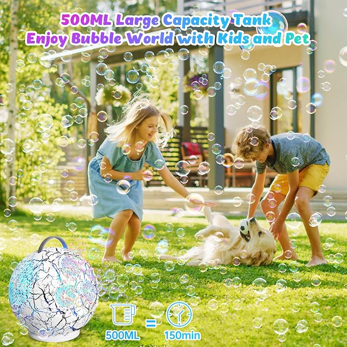 Bubble Machine for Kids 3+-45°/360° Rotating Bubble Blower with RGB LED Light,30000+ Bubbles Per Minute,Automatic Portable Bubble Maker for Boys Girls,Outdoor Party Easter Birthday Gifts (White Crack)