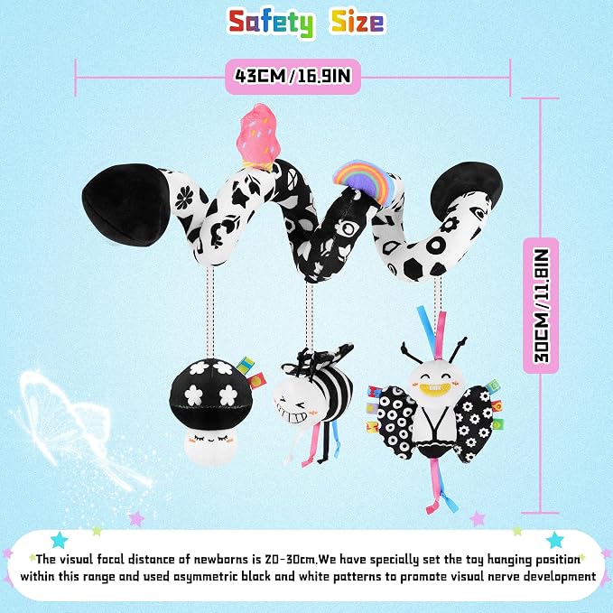 Spiral Car Seat Toys for Babies, 0-6 Months Stroller Pram Activity Hanging Toys High Contrast Black and White Sensory Toy, Newborn Soft Plush Travel Toy for Newborn Boys Girls Gift