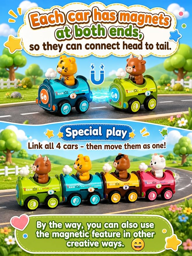 4 Pack Magnetic Connect & Press to Go Car Toys, Animal Finger Puppet Race Cars, Fine Motor Skill Toddler Toys 1-3, Push Down Friction Vehicle Set, Gifts for Baby Boys Girls 12-18 Months