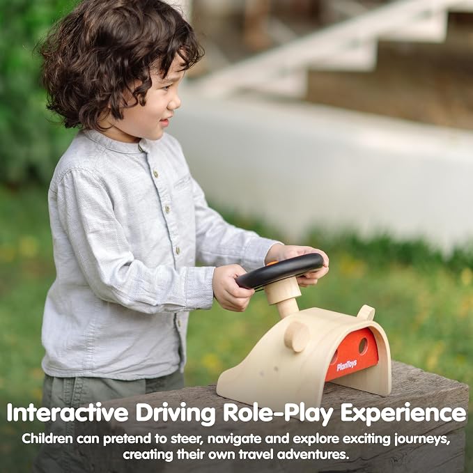 PlanToys® Wooden Driving Console | Montessori Pretend Play Dashboard with Steering Wheel, Gear Shift & Controls for Role Play, Coordination & Imaginative Play | Eco Friendly Wooden Play Toy