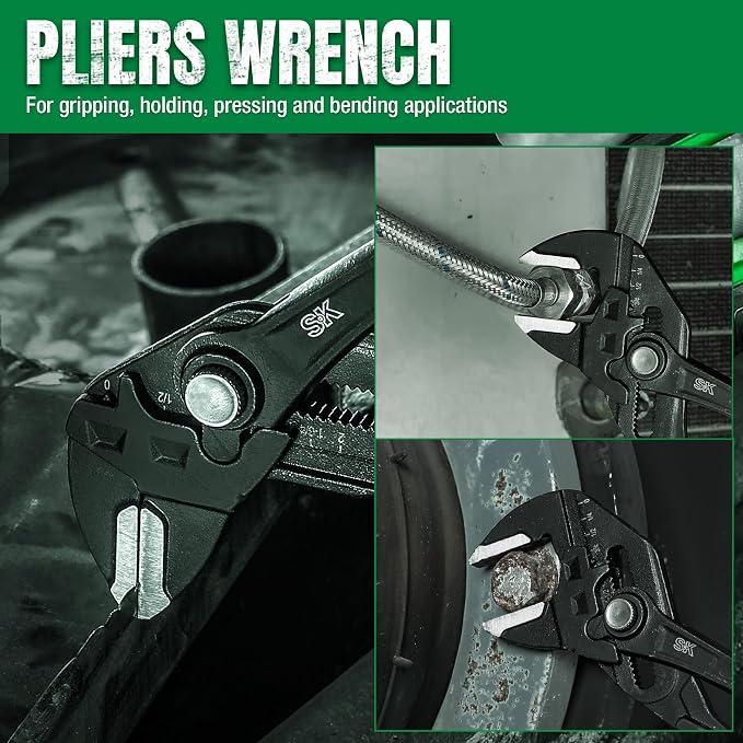 SK 4-Piece Pliers Wrench Set, Adjustable Parallel Smooth Jaw Pliers, 6-Inch, 7.5-Inch, 10-Inch, 12-Inch, Premium CR-V Construction, with Rolling Pouch