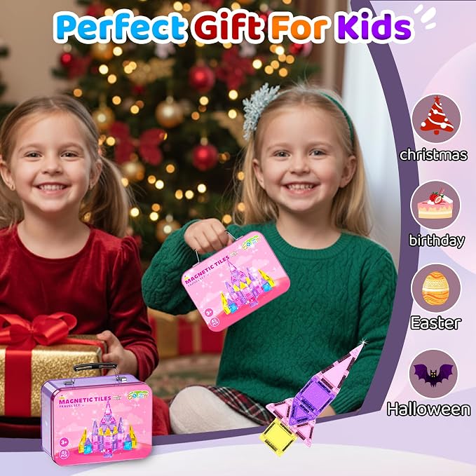 SKTMYY Travel Magnetic Tiles Set for Girls,Pink Mini Portable Magnet Toys with Iron Case,Travel Toys for Kids Ages 4-8,Ideal Toddler Birthday Valentines Day Gifts
