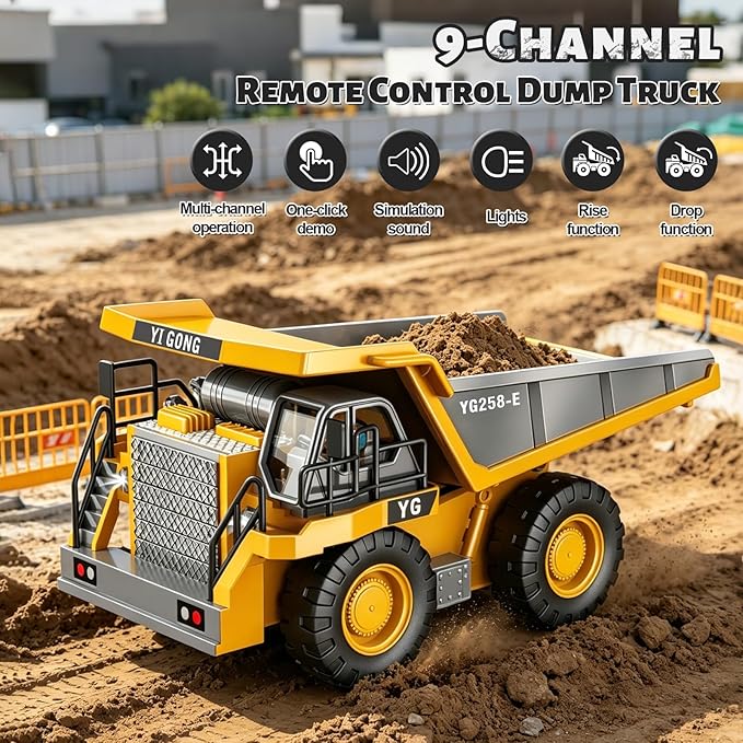 Remote Control Excavator (11-Channel), Dump Truck, Bulldozer, Loader (9-Channel), 2.4GHz Remote Control Construction Vehicles, Metal Construction, with Cool Lights and Sound Effects, 4-Pcs