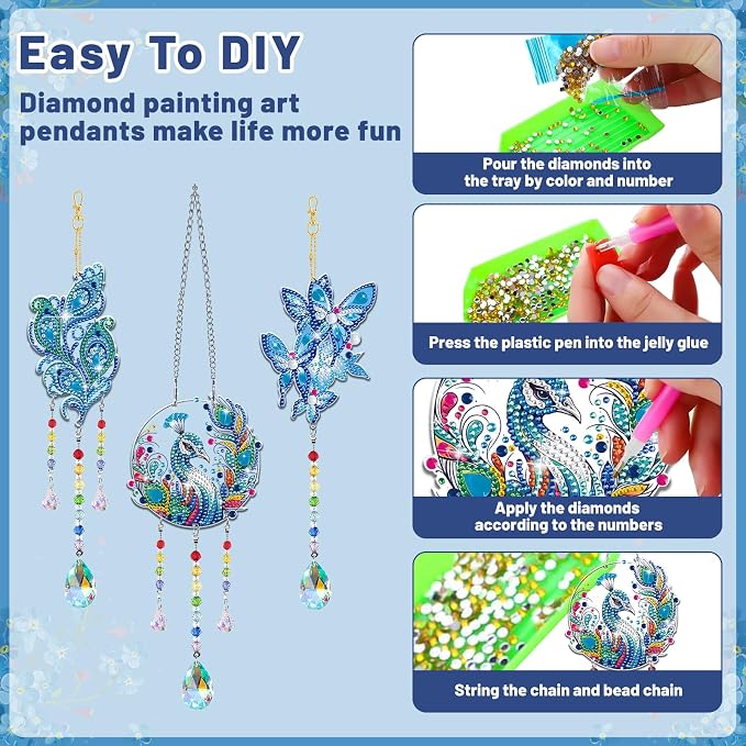 Arts and Crafts for Girls Ages 6-12, DIY Diamond Painting Kits for Kids Teens Adults, Birthday Gifts for 6 7 8 9 10 11 12 Year Old Girls, Peacock Butterfly Feather Wind Chimes for Home Garden Decor