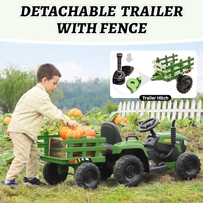 TOBBI Kids Electric Ride On Toy Tractor, Toddlers 12V Battery-Powered Car to Drive, 35W Dual Motor 6-Wheels Trailer Vehicle with 3-Speeds/LED & Horn Functions for Chirdren Aged 3-8-Dark Green