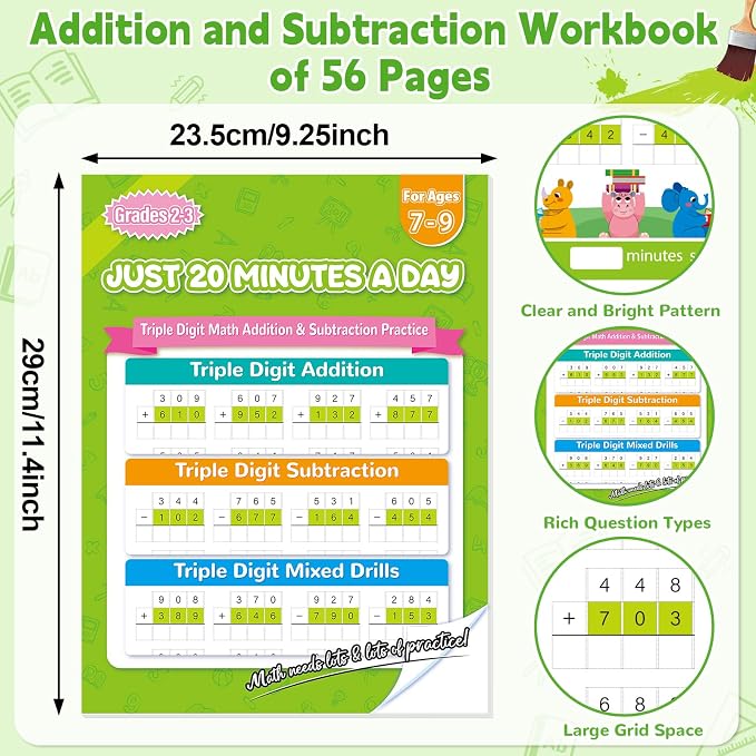 Addition and Subtraction Workbook Triple Digit Math Practice Worksheets for 2nd 3rd Grade, Addition&Subtraction Worksheets One Page A Day Math for Ages 6-9, Math Repetition Exercise Daily, 56 Pages
