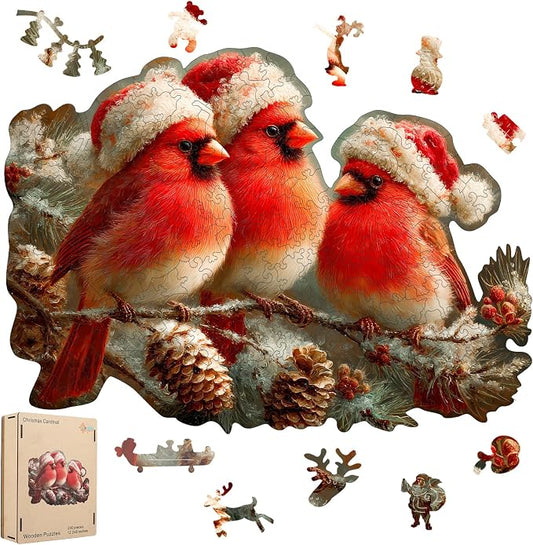 MEATRN Christmas Cardinal Wood Puzzles Adult – Three Baby Birds with Santa Hat, 199Pcs Wooden Jigsaw Puzzle for Festive Holiday Fun, Teens’s Party and Winter Activity 12.2"×8.9"