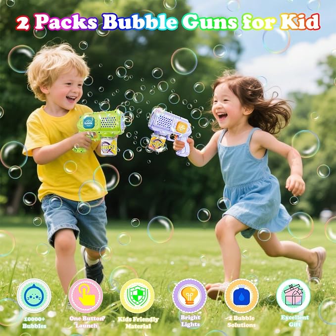 Panamalar 2 Packs Bubble Guns for Kids, Automatic Bubble Machine Gun 10000+ Bubbles/Min, 10 Holes Bubble Maker Toys with Solution/Light for Boys Girls Outdoor Wedding Party, Purple+Green