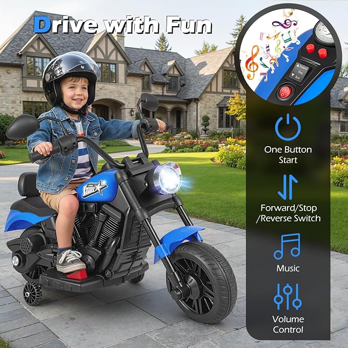 Costzon Kids Motorcycle, 6V Chopper Motorbike Ride on Toy with Headlight, Music, Training Wheels, Electric Toddler Motorcycle for Kids Boys Girls, Gift (Blue, 31" x 23" x 22"(L x W x H))