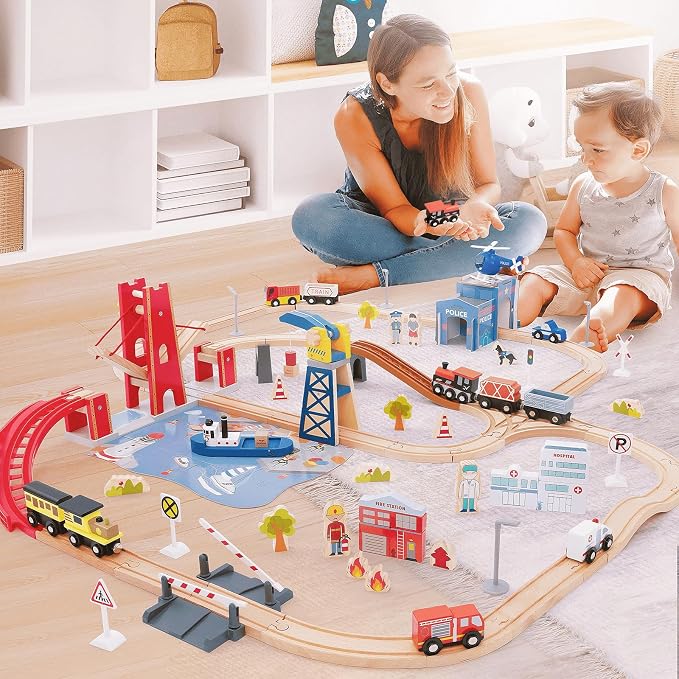 Giant bean 117 Pcs Busy Port City Wooden Train Set for Kids- Expandable & Changeable Wooden Train Track Set Toy, for Boys & Girls Ages 3-14