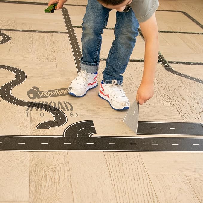 PlayTape Road Tape and Curves for Toy Cars - 1 Roll of 30 ft. x 2 in. Asphalt Road + 1 Roll of 36 Curves