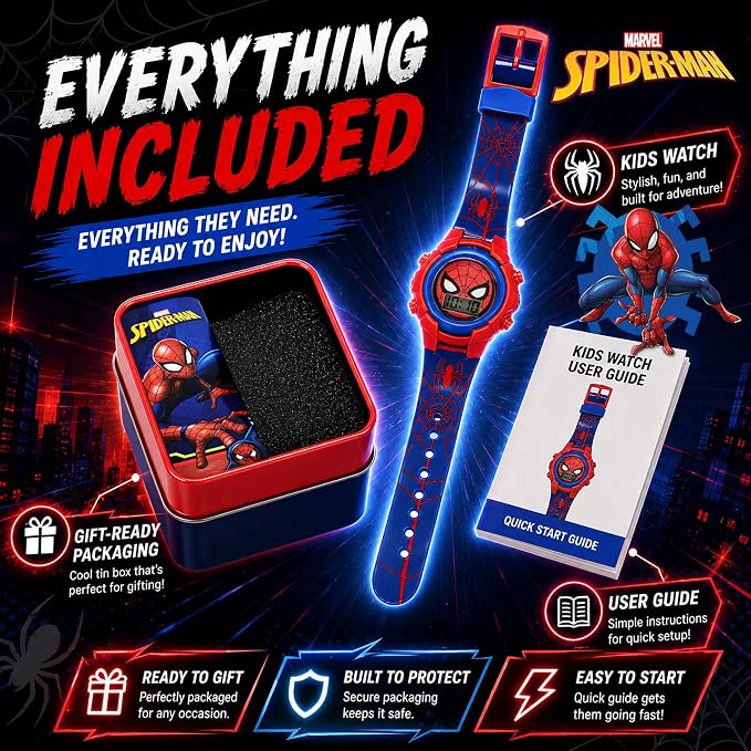 Marvel Spider-Man Kids Watches – Digital Display, Interactive Features, Adjustable Strap, Vibrant Spider-Man Graphics, Durable for Active Kids
